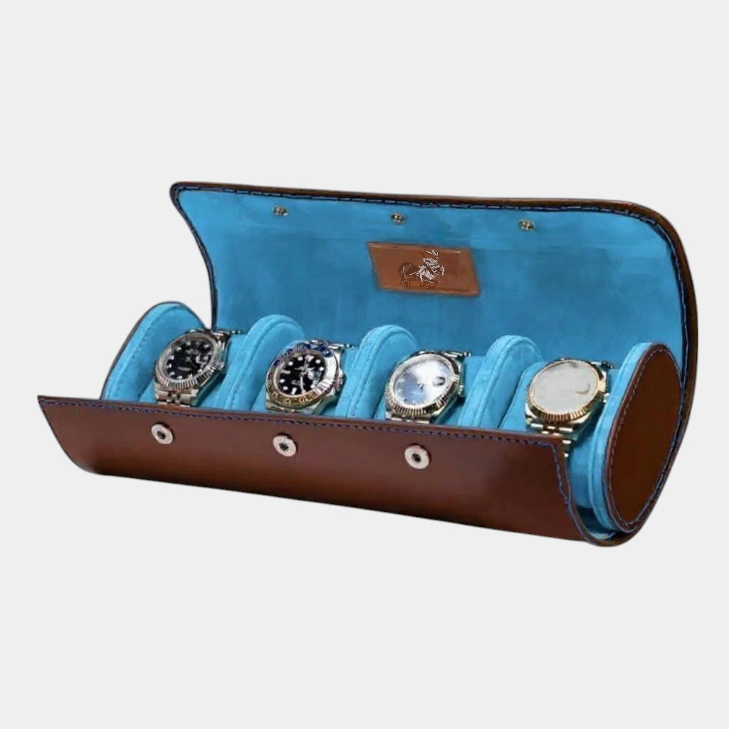 Luxe Horlogerol voor 4 Horloges – Bruin Nappa Leer met Premium Blauw Suède Interieur