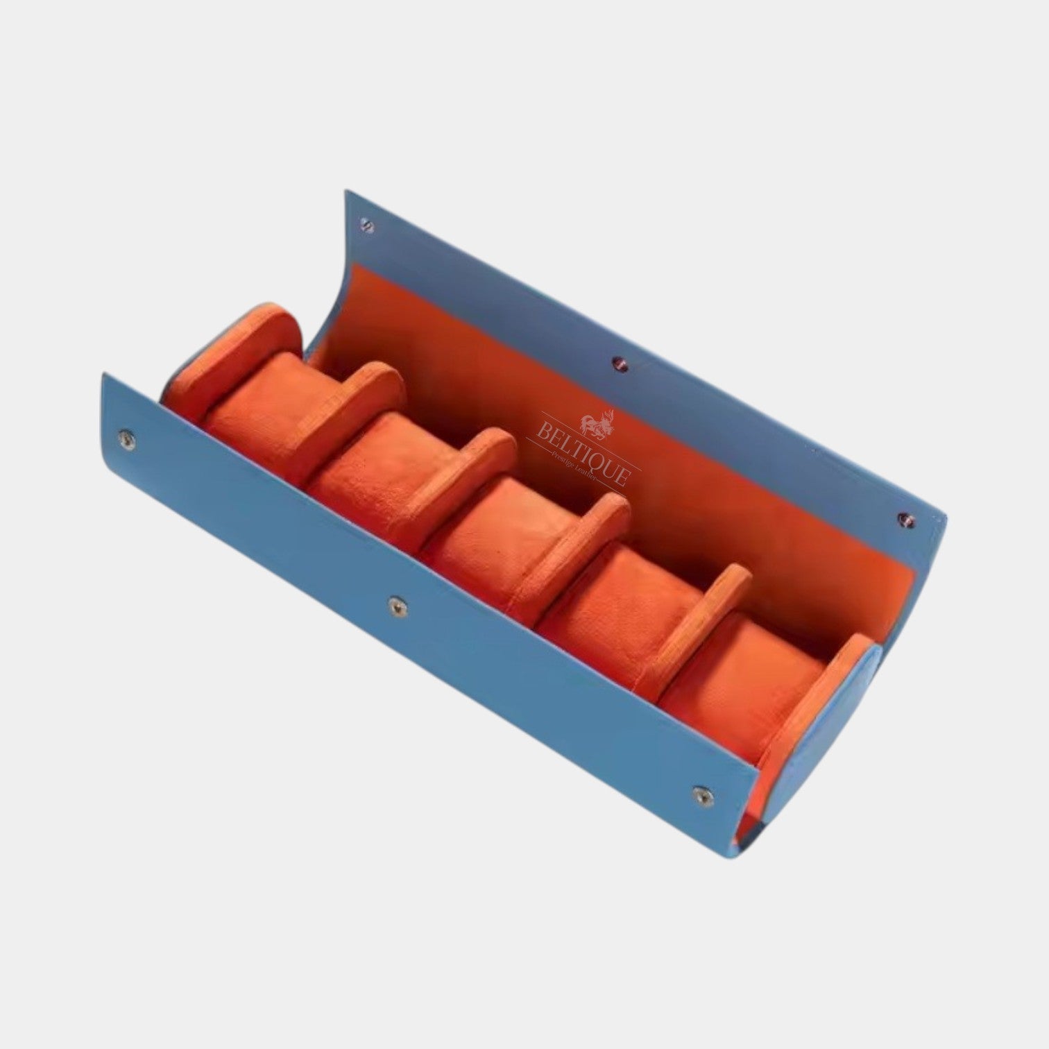 Horlogerol voor 5 – Lichtblauw Suède & Oranje Leer
