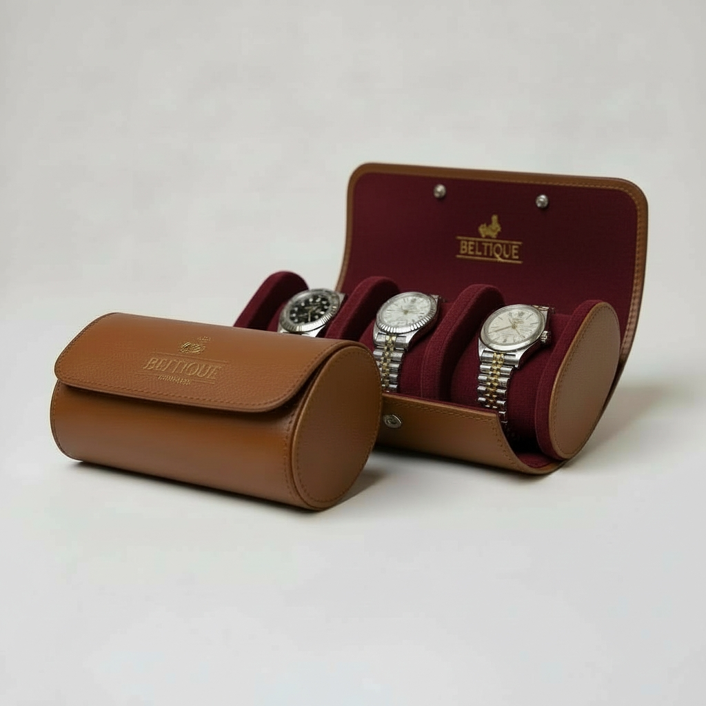 BELTIQUE® Cognac Brown Watch Roll for 3 Timepieces