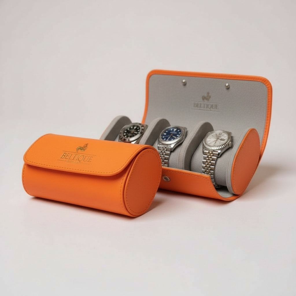 BELTIQUE® Hermès Orange Watch Roll for 3 Timepieces